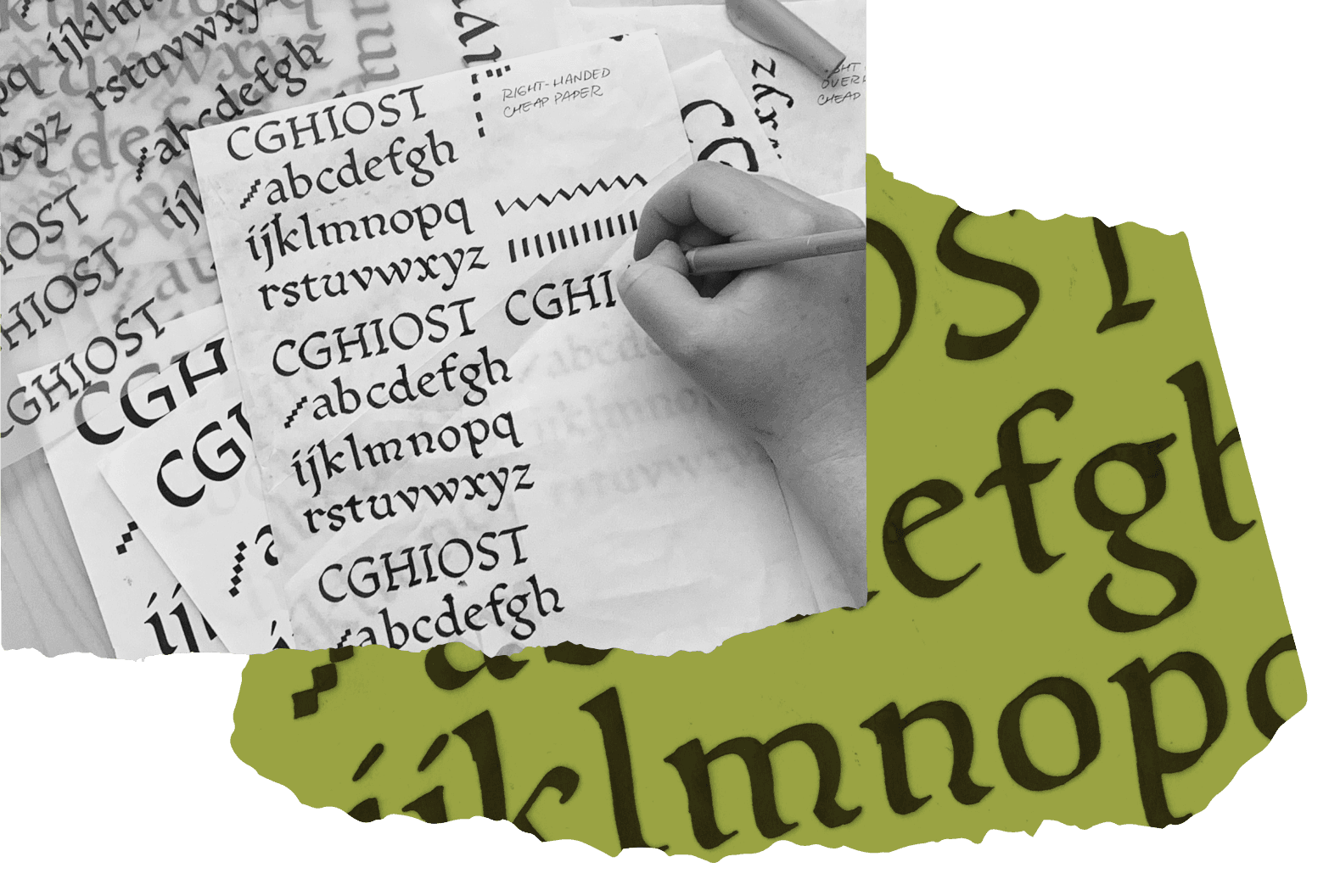 <b class="accent">FIG. 9 — </b> Left: Danelle inking Riley’s Humanist Script on various materials to achieve different textural effects. Right (green): A scan of the Humanist Script inkings.