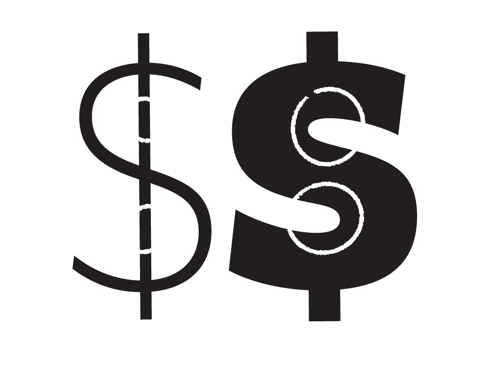 As the fonts get bolder, some glyphs change in construction. For instance, when the ‘bar’ of the dollar sign would ‘clog up’ the glyph, parts of the bar are omitted to allow the glyph to breathe.