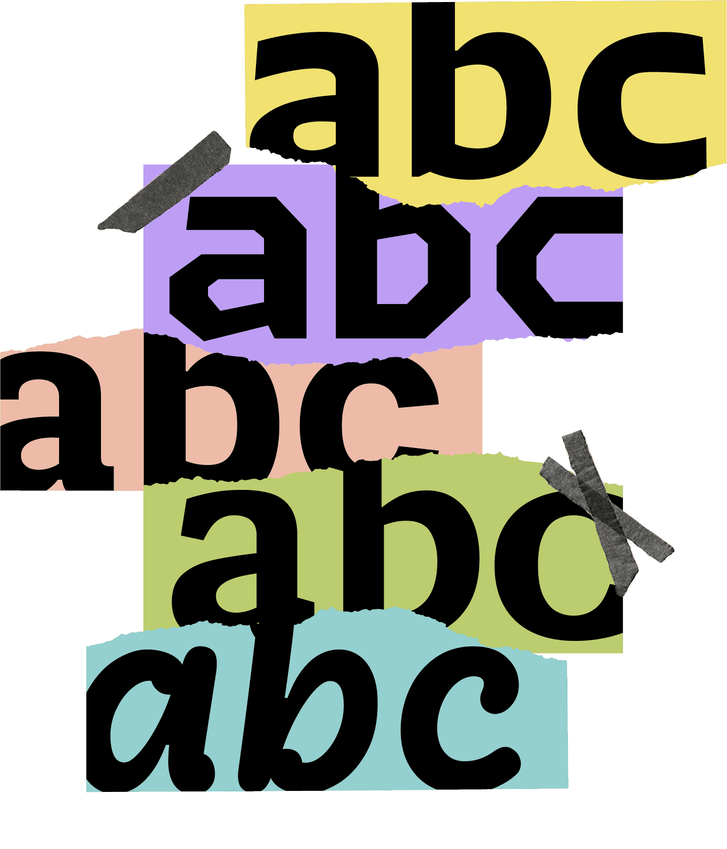 <b>FIG. 15</b> — Each one of Monaspace’s five typefaces has details that are amplified to differentiate between the families, especially in their boldes weights. These details are crucial to each design being recognizable at small sizes, which is how most users will interact with the fonts: at small points sizes in their code editors.