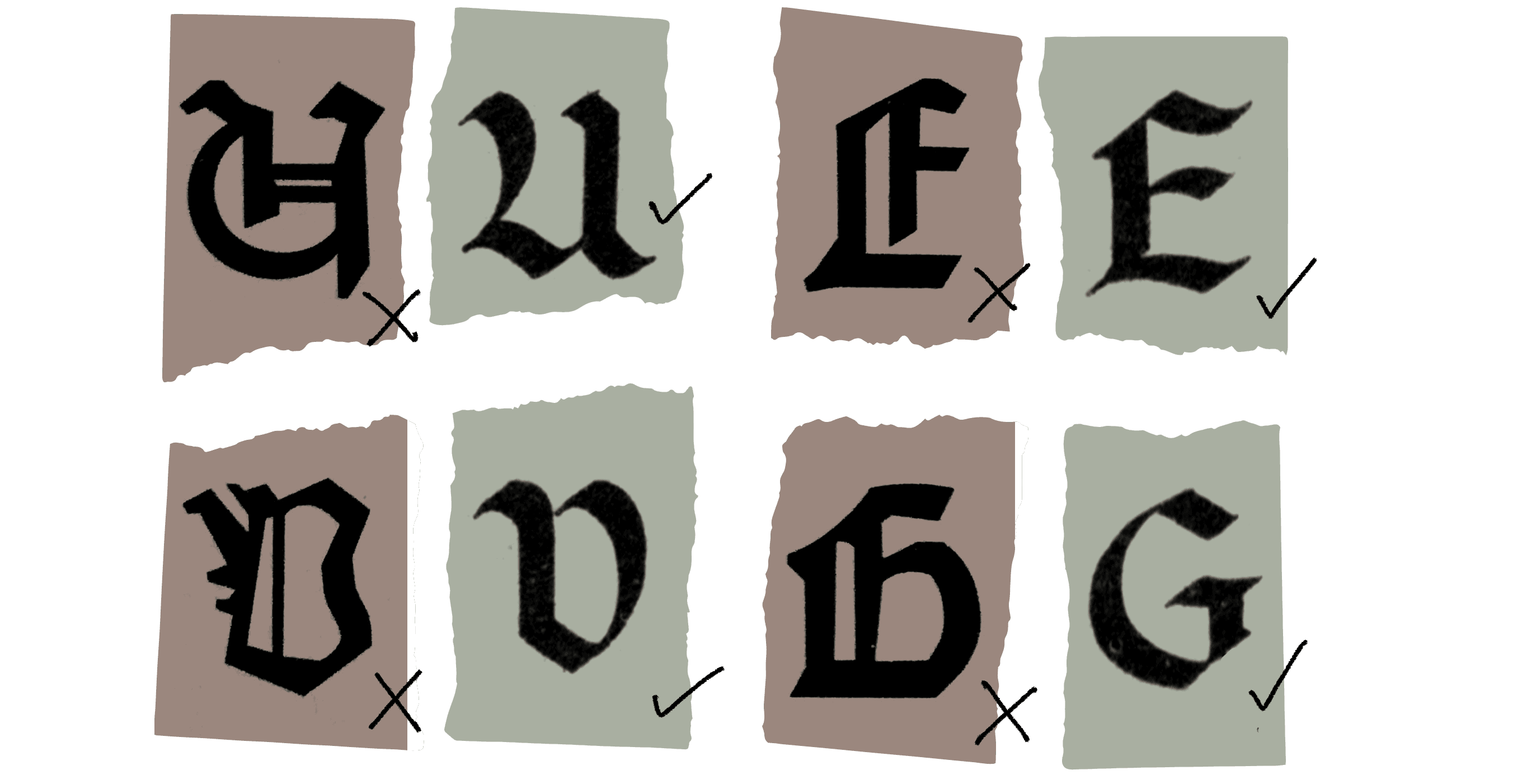 <b class="accent">FIG. 3 — </b> Comparison of Johannes Gutenberg (1455), digitized by Manfred Klein (1992, brown samples) from *Fraktur mon Amour* by Judith Schalansky (2006), and Ross F. George's Textura in the 13th Edition *Speedball Textbook* (1938, green samples).