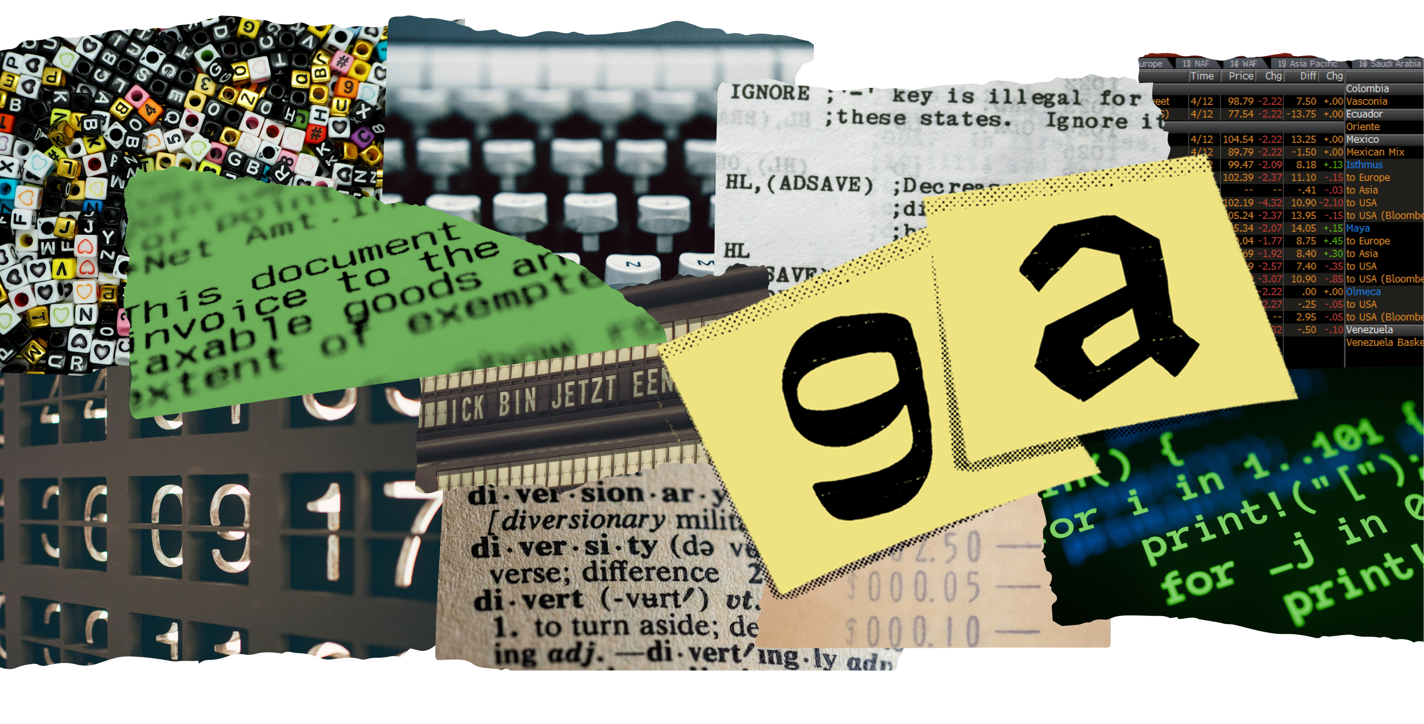 <b>FIG. 5 </b> — We interact with monospaced letterforms in all types of situations, in both obvious and less obvious forms: in our code editors, on financial spreadsheets, receipts, on travel boards, typewriters, and even on craft beads. The yellow overlay shows early prototype drawings from the Lettermatic team, exploring the edges of how far the monospace genre could be pushed with reverse-contrast and chiseled styles.