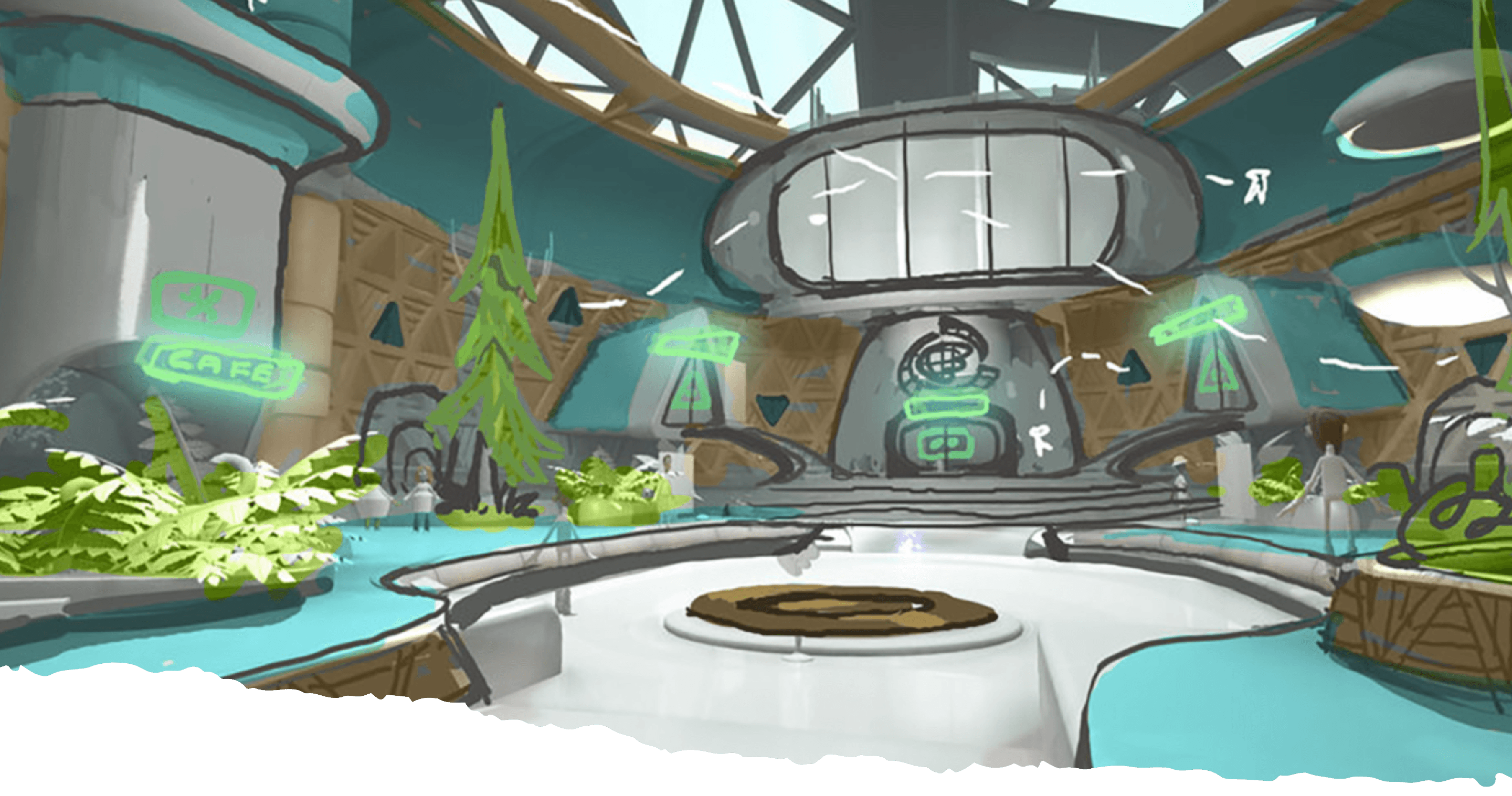 <b class="accent">FIG. 4 — </b> Early concept art by Levi Ryken, Geoff Soulis, Lisette Titre-Montgomery, and Nathan "Bagel" Stapley on the Psychonauts 2 creative team, provided to Lettermatic as inspiration.