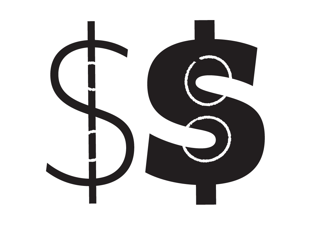 As the fonts get bolder, some glyphs change in construction. For instance, when the ‘bar’ of the dollar sign would ‘clog up’ the glyph, parts of the bar are omitted to allow the glyph to breathe. 