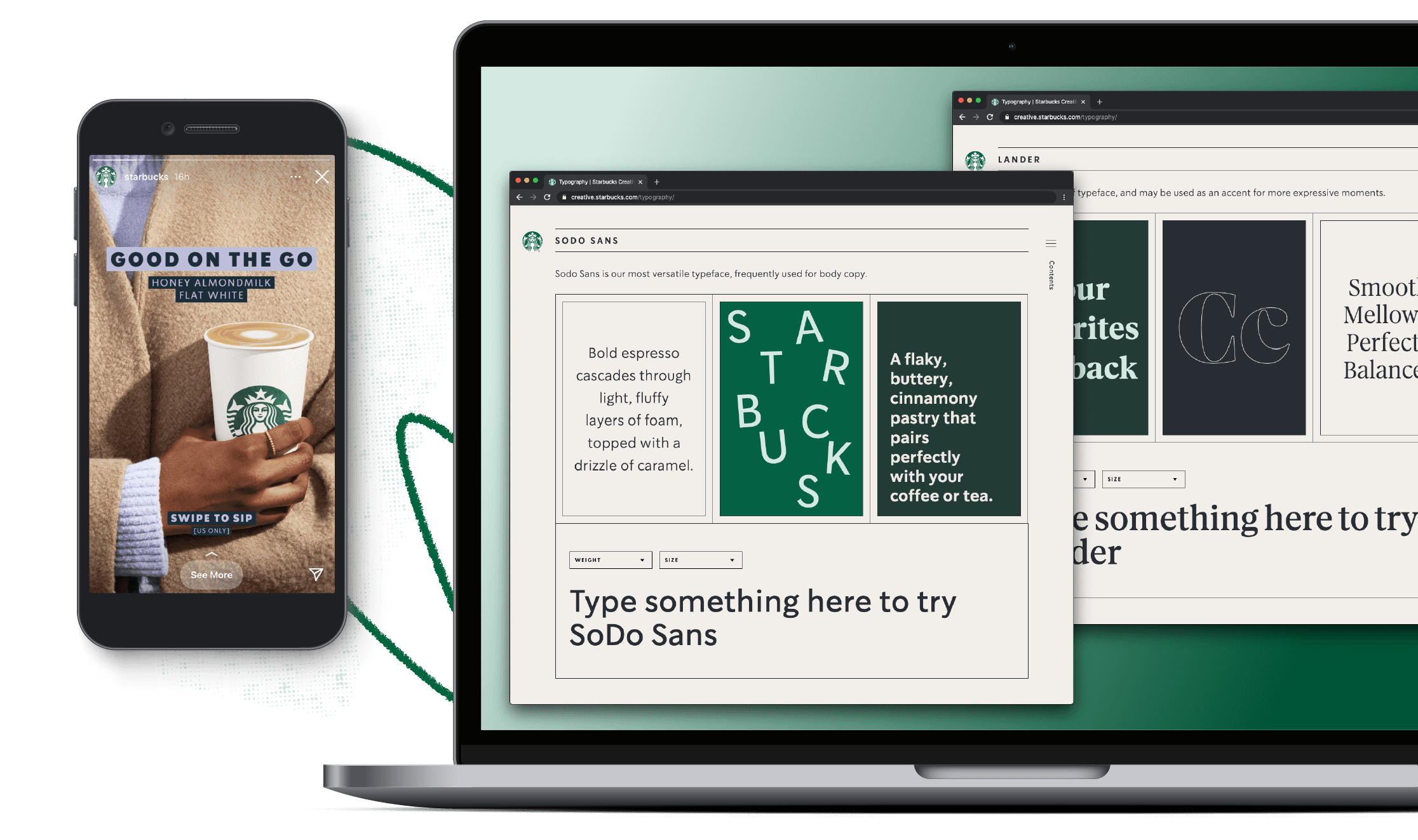 <b class="accent">FIG. 19 — </b> Instagram Stories content, and the Brand Expression Website, designed by Starbucks using the new fonts.