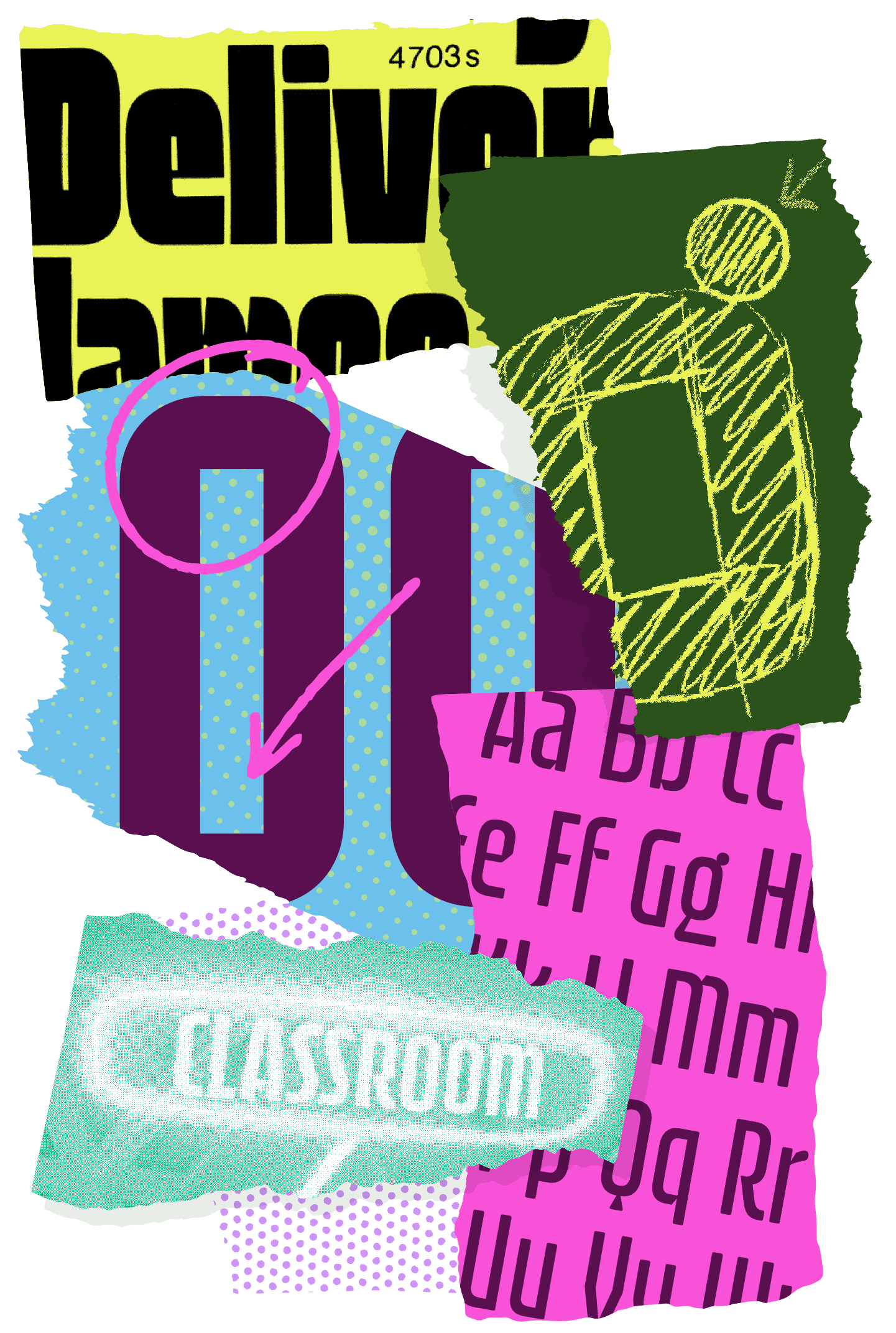 <b class="accent">FIG. 10 — </b> Top (lime green): Neil Bold, designed by Wayne Stettler in 1966, as dry-transfer lettering — one of our early pieces of inspiration for Arundo. Dark green: Riley’s early sketch showing tension between inner and outer shapes, and a perfectly round ear for the “g.” Blue: Dave’s drawings for “O” and “Q” with that inner/outer tension. Green: Arundo in-game as a glowy neon sign. Bottom (magenta): Completed Arundo alphabet.