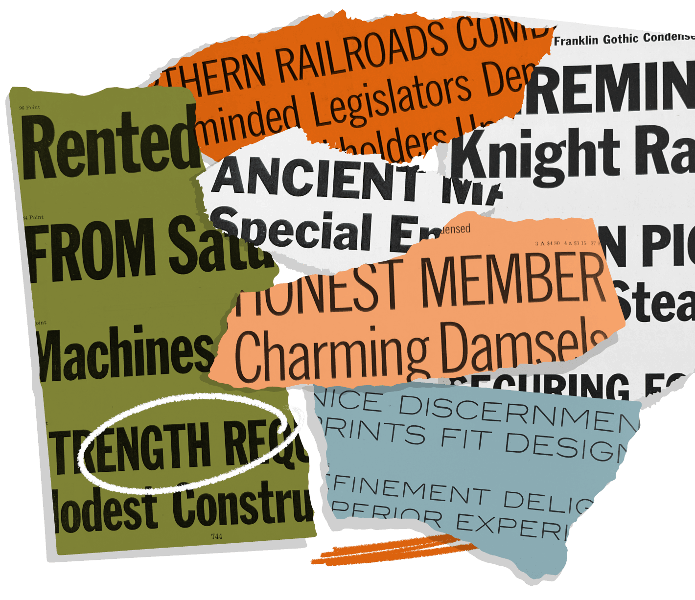 <b class="accent">FIG. 4 — </b> Various lettering samples in the American Gothic tradition, including Franklin Gothic Regular and Condensed, News Gothic, and Blair Series.