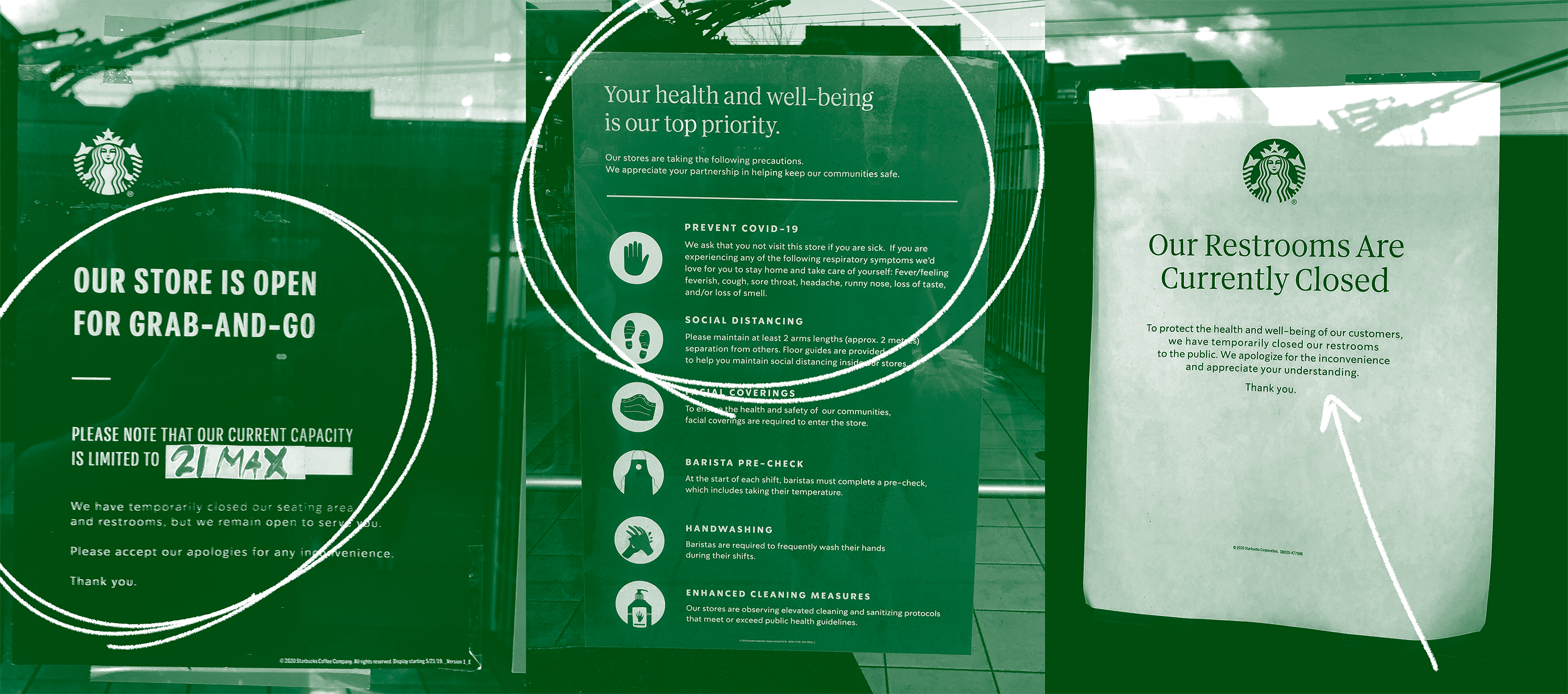 <b class="accent">FIG. 20 — </b> Signage placed in the window of a Vancouver, BC Starbucks location. Set entirely in the new fonts.