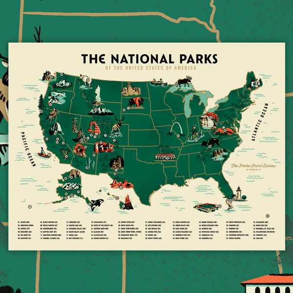<b class="accent">FIG. 11 — </b> The National Parks map by The Fifty-Nine Parks Print Series and Brave the Woods.