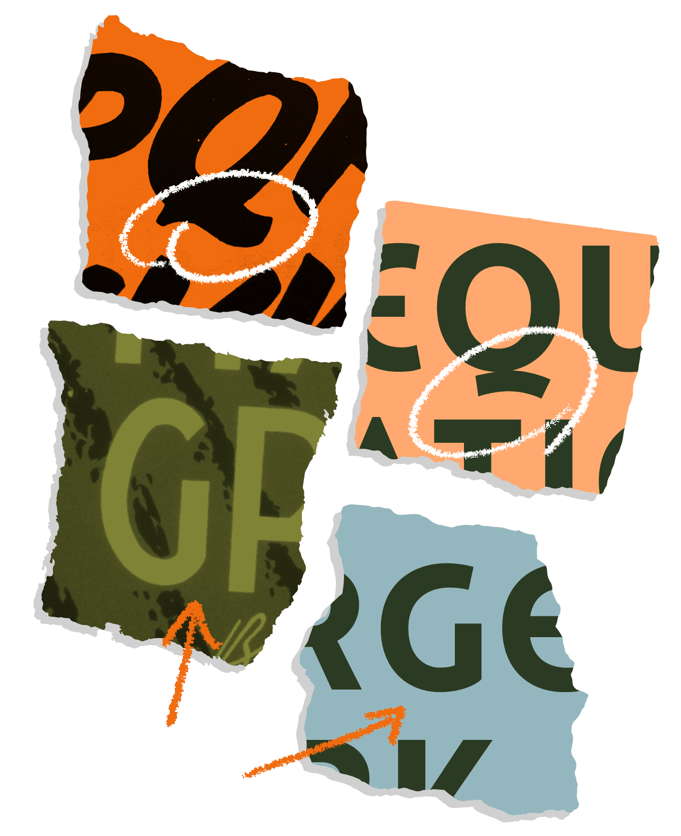 <b class="accent">FIG. 6 — </b> Left, the sign painting samples that inspired unique characteristics of Catlin including
the brush-like ‘Q’ tail (top right) and minimal ‘G’ form (bottom right).