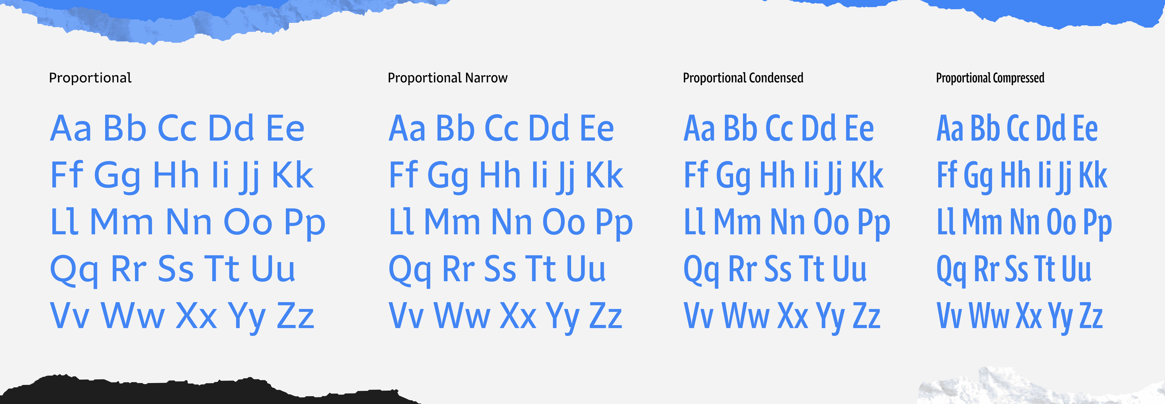<b class="accent">FIG. 3 — </b> Comparison of Portamento’s Proportional fonts progressing from Normal to Compressed.
